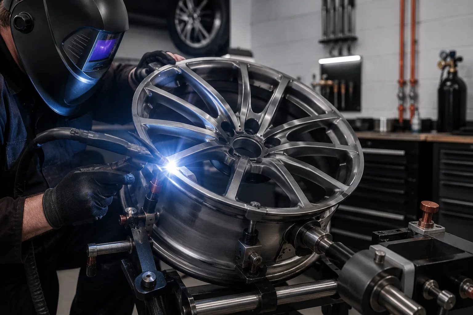Technician carrying out a controlled alloy-wheel welding repair