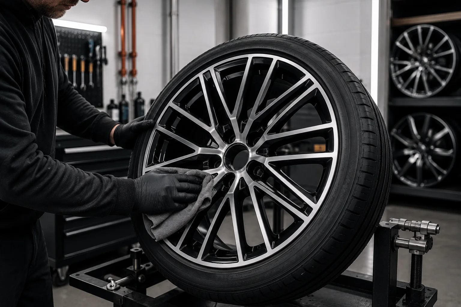 Technician completing a final inspection of a fully refurbished alloy wheel