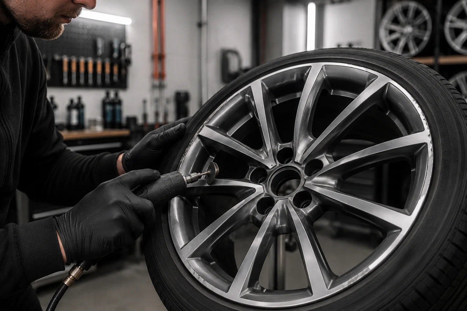 Technician carefully preparing kerb damage around an alloy-wheel rim