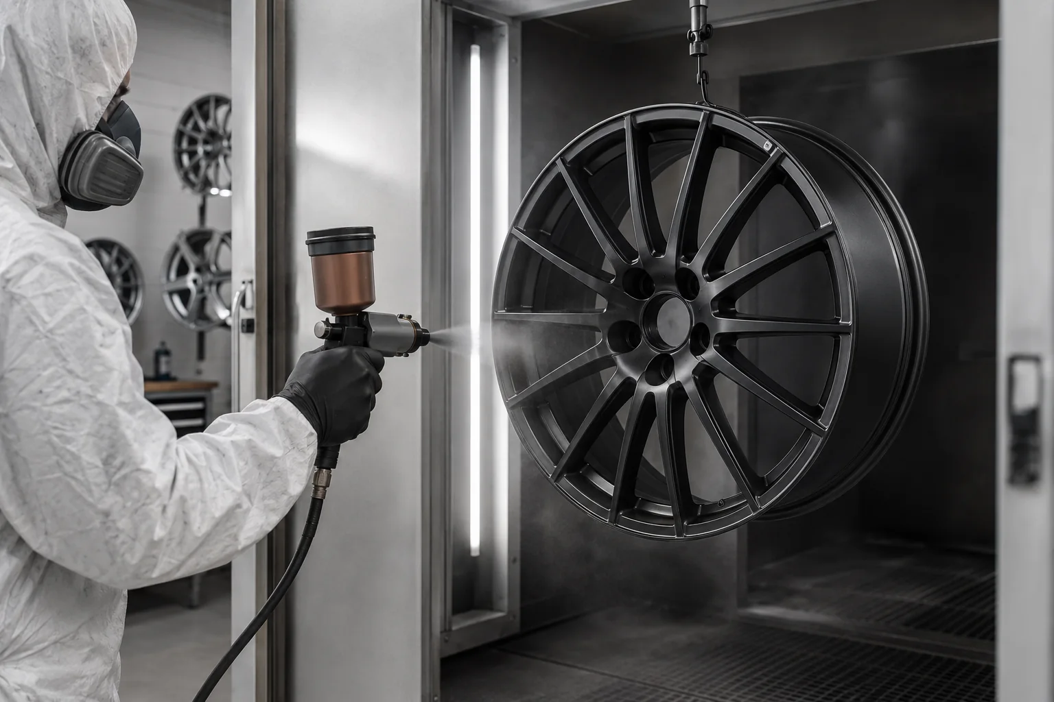 Technician applying a dark powder-coated finish to an alloy wheel in a spray booth