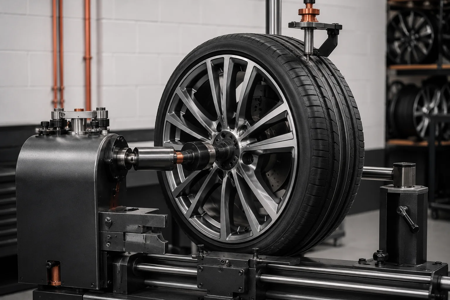 Alloy wheel mounted on specialist wheel-straightening equipment